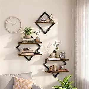 Geometric Floating Shelves Set of 3, Decorative Rustic Wall Shelves for Living Room Bedroom Bathroom Decor, Wood & Metal Farmhouse Wall Mounted Shelves for Plants, Books & Small Decor