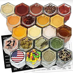 Patriot Set of 21 Large 4oz Magnetic Spice Jars for Refrigerator, Hexagon Glass Magnetic Spice Jars with Shaker Lids and Labels for Kitchen RV Travel Trailer, Magnetic Spice Containers for Fridge