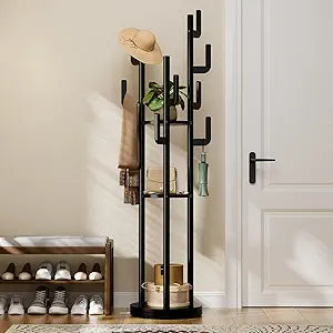 Yoobure Rotary Coat Rack Freestanding - Solid Wood Coat Tree with 9 hooks & 3 Storage Shelves for Purse, Bag, Jacket, Hat, Corner Hanger Stand Racks for Hall, Entryway, Office, Clothes Holder, Black