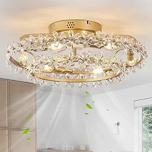 20" Chandelier Fan Bladeless Ceiling Fan with Light, Boho Fandelier Caged Ceiling Fans with Lights and Remote, Modern Flower Ceiling Fan with Light for Girl's Bedroom, Living Room