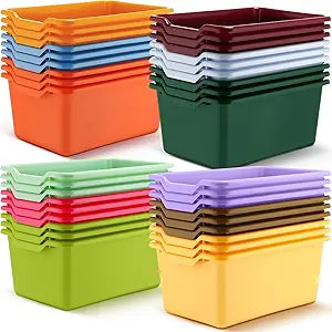 Dandat 36 Pcs Plastic Cubby Storage Bins Colorful Classroom Cubby Organizer Book Bins for Classroom Library Bulk Stackable Toy Containers with Handles for Home Office Daycare Preschool (Vintage Color)