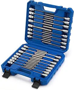 EMENTOL 32PCS 3/8"Dr. Extra Long Hex and Torx Bit Socket Set, CR-V, S2 Steel, 5.9" Length Allen Hex and Star Bit Socket Set, 1/8 Inch - 7/16 Inch, 3mm - 12mm, T10-T60