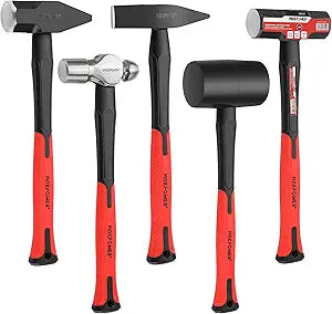 MAXPOWER 5-Piece Hammer Set - 3LB Sledge & Cross Peen, 500g Chipping, 32oz Ball Peen & 24oz Rubber Mallet