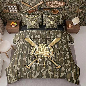 jejeloiu Camouflage Bed in a Bag Full Size Camo 7 Piece Bedding Set for Kids Boys Girls Decor Baseball Gaming Comforter Set with Sheets,Pillowcases & Cushion Cover Microfiber Baseball Military Style