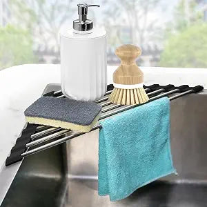 Corner Dish Drying Rack, Kitchen Sink Caddy Sponge Holder, Triangle Over The Sink Dish Drying Rack for Kitchen Counter, Roll Up Dishes Drainer Mat RV Essentials Organization and Storage Shelf, Black