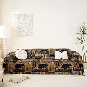 jejeloiu Farmhouse Bear Soft Sofa Cover Rustic Cabin Wooden Slipcover Kids for Kids Boys Girls Teens Room Decor, Wild Animal Couch Blanket Fits 1 Cushion, 71"x102", Vintage Wooden