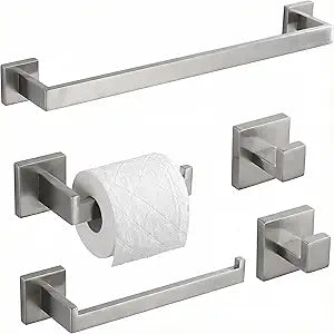 5 Piece Bathroom Hardware Set Brushed Nickel, SUS304 Stainless Steel Towel Bar Set, Modern Square Accessories with 16 Inch Rack Toilet Paper Holder Robe Hooks (Brushed Nickel)