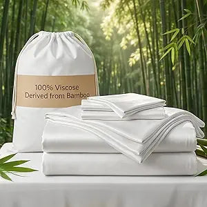Real 100% Viscose Derived from Bamboo Sheets Set King Size, Cooling & Silky Soft for Hot Sleeper, Luxury with Breathable & Moisture Wicking Fabric, 18" Deep Pocket with Corner Straps (White, King)