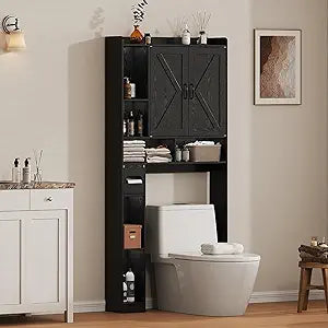 Over the Toilet Storage Cabinet, 31.1W Bathroom Organizer with Double Doors, Above Toilet Rack, Detachable Toilet Paper Holder for Bathroom & Laundry Room Black