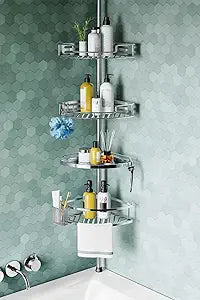 HAMITOR Corner Shower Caddy Tension Pole: Quick Installation 4-Tier Rustproof Bathroom Organizer Shelves for Bathtub Shampoo Storage - 47-121 inch Adjustable Floor Standing Bath Rack Holder - Silver