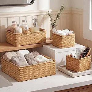 SiliFine Seagrass Bathroom Woven Basket Organizer Set of 4 Boho Bathroom Decor Storage Baskets for Countertop Shelf Closet Drawer(Natural Color)
