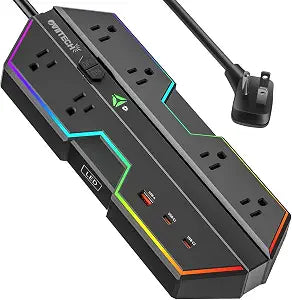 PD 65W Surge Protector Gaming Power Strip RGB Lights Black