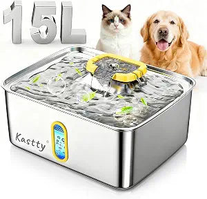 Kastty 15L/3.96 Gal Stainless Steel Dog Water Fountain, Large Capacity Dog Water Bowl Dispenser Quiet LED Light Triple Filtration Cat Water Fountain,Pet Water Fountain Easy Clean(FS78,Yellow)