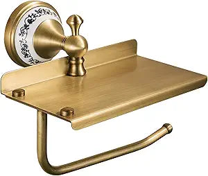 Toilet Paper Holder with Phone Shelf, Bathroom Toilet Paper Roll Holder Antique Bronze Brass Wall Mounted Bathroom Hardware Accessories,Porcelain Design
