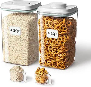 Ankou Airtight Food Storage Container with Pop Lid & 130ml Scoop, 4L/4.2qt *2 BPA-Free Cereal, Rice, Flour, Pasta & Snack Container, Stackable & Durable,Kitchen Pantry Organizer