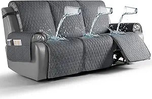 TAOCOCO 100% Waterproof Recliner Couch Covers, Non Slip Recliner Covers that Stay in Place, One-Piece Washable Reclining Sofa Cover for 3 Seater with Elastic Straps, Dark Gray