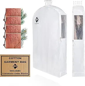 Premium 40 Short Cotton Garment Bag For Hanging Clothes And Storage | Wide 6 Gusset & 4 Cedar Blocks For Fresh Smell And Moth Protection | Best For Suits, Fur Coats, Leather Jackets, Sweaters.