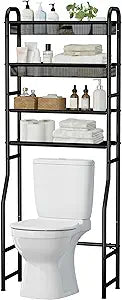 4-Tier Over The Toilet Storage Shelf and Rack | Above Toilet Organizer with Metal Frame & Vinyl Mesh, Space-Saving Unit for Bathroom and Laundry Room, Black