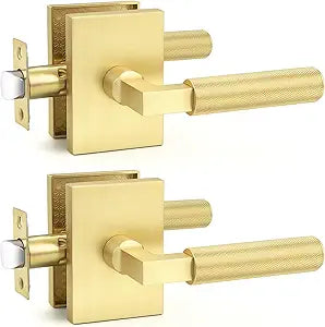 Probrico 2 Pack Gold Door Handle, Knurled Passage Door Handles for Hallway and Closet, Brushed Brass Door Handles Interior, Keyless Modern Door Lever for Left Right Handed, Smooth Turn Action