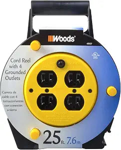 Woods Light Duty Extension Cord Reel - 16/3 Conductor Electrical Cord with 4 Grounded Outlets - 12A Circuit Breaker - Ideal for Light to Medium Duty Tools - Yellow & Black - 25 Feet