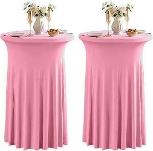Dimatic 2 Pack Pink High Top Cocktail Tablecloth Stretch Cocktail Table Cloth with Skirt Fitted 32 inch Round Spandex Table Cloths for Party Wedding Banquet Birthday