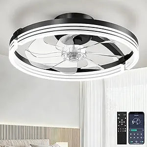 Ceiling Fans with Lights and Remote, Low Profile Ceiling Fan, Morden Flush Mount LED Fan Light, 3000K-6500K Dimmable for Bedroom, Kitchen, Living Room, Striped, Black