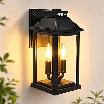 Solar Porch Lights Outdoor: Solar Wall Sconce Lights with Motion Sensor & 3 Lighting Modes - Dusk to Dawn Waterproof Lantern Fixture with Clear Panel for Garage Porch Yard Front Door (Black - 1 Pack)