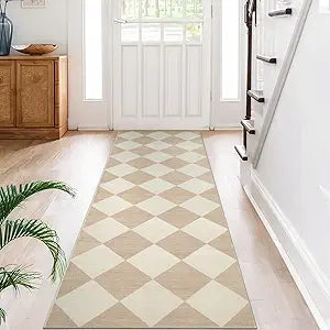 Beeiva Checkered Print Carpet Runners for Hallway 6ft, Beige Ultra Thin Washable Kitchen Runner Rug Non Slip, Moroccan Plaid Checkerboard Decor Faux Wool 2x6 Rug for Bedroom Bathroom Entryway