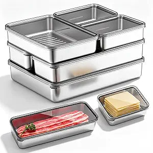 Hushee 6 Pack Bacon Cheese Container for Refrigerator, 304 Stainless Steel Airtight Deli Meat Container, Dishwasher Safe Fridge Storage Fruit Lunch Storage with Lids for Fridge, 4 Sizes
