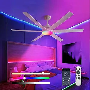 60" Smart Ceiling Fan with RGB Chasing Lights  Quiet DC Motor with Sectional Blades Dimmable CCT via App & Remote Control, Fits Flat or Sloped Ceiling Mount for Large Living Rooms, White