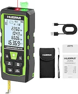Laser Measuring Tool 3-in-1, Huepar 165 Ft Laser Measure & 33 Ft Green Cross Line Laser Level & 6.5 Ft Tape Measure, Rechargeable, Voice Broadcast, Multi-Mode, Rugged for Construction&Home Use, SW-T50