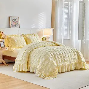 Flysheep Yellow Plaid Seersucker Duvet Cover Set with Wide Ruffled Fringe Queen Size, 3 Pieces Soft Bedding Set for All Season, Queen Farmhouse Bed Set with Ruffle Shams (Yellow, Queen)