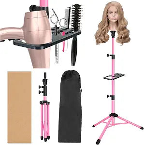 ZQIAN BEAUTY Wig Head Stand 50 Inch Metal Mannequin Head Stand for Hairdressing Training Head Adjustable Wig Stand Tripod with Tool Tray (Pink, Mannequin Head Not Included)
