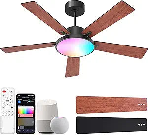CINOTON Smart Ceiling Fan with Lights, 52'' RGBCW Ceiling Fan with Lights and Remote App Voice Control, Reversible DC Motor, 2600lm LED, 6 Speeds & 2 Fan Mode, Quiet Fan for Bedroom, Living Room Brown