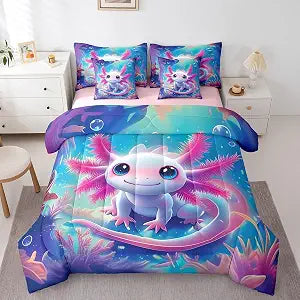 Erosebridal Cute Axolotl Kids Bedding Set Cartoon Ocean Axolotl Twin Comforter Set 7 Piece for Teen Boys Girls,Blue Sea Wildlife Bed in A Bag Underwater World Sheet Set with Comforter
