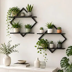 2 Pack Wall Planters for Indoor Plants, 2-Tier Floating Wall Shelves, Wall Mounted Plant Holder Stand, Plant Wall Shelf Home Decor for Bathroom Living Room Bedroom Kitchen Office - Black