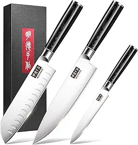 MDHAND Kitchen Knife Set, 3 Pieces Ultra Sharp Japanese Knife Set, High Carbon Stainless Steel Professional Chef Knives Set with Black Pakkawood Handle for Home Cooking, Dishwasher Safe