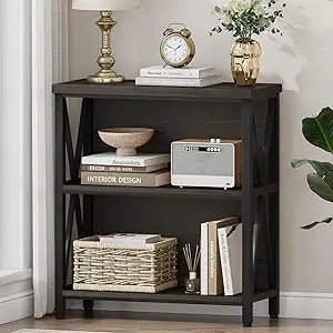 FATORRI Rustic Small Bookshelf for Small Space, Industrial Short Wood Bookcase, Farmhouse Low Book Shelf, 3 Tier Narrow Bookshelf for Living Room, Home Office, Hallway (Walnut Brown)