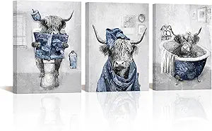sechars Blue and Grey Bathroom Decor Funny Highland Cow Wall Art Cattle Paintings Apartment Bathroom Hotel Decorations (Blue)