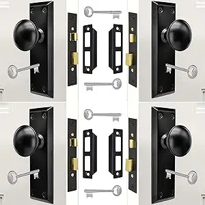 Mortise Lock Set Interior Door with Skeleton Key, Antique Vintage Door Knobs Replacement Hardware Fits 1-3/8" - 1-3/4" Thick Doors, Black, 4 Pack