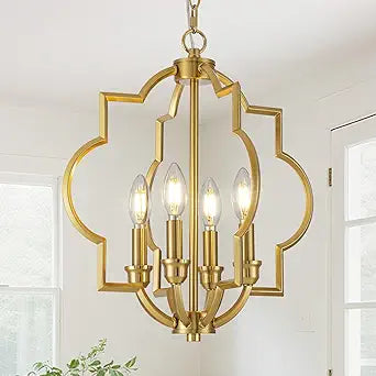 4-Light Brushed Gold Chandeliers for Dining Room, 15.6" Farmhouse Geometric Pendant Light Fixture for Entryway Foyer Kitchen Bathroom Over Sink