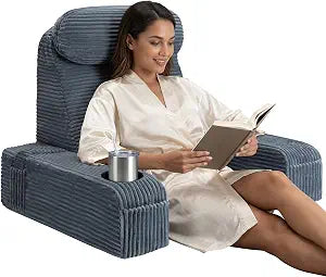 Reading Pillow/Backrest Pillow with Arms, Cup Holder & Phone Pocket - Bed Rest Pillow with Adjustable Headrest, Corduroy Fabric for Back Support in Bed/Sofa/Floor (Gray, 19 INCH)