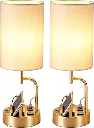 Dreamholder 2 Pack Table Lamp, Bedside Lamp with 3 USB Charging Ports & AC Outlet, USB Desk Lamp with 2 Phone Holders, Linen Fabric Shade Nightstand Lamps for Bedroom Living Room Office, Gold