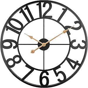 14 Inch Outdoor Clock for Patio, Large Poolside Wall Clock, Vintage European Industrial Skeleton Metal Clock, Silent Non-Ticking Battery Operated Outdoor Clock for Garden, Backyard, Porch or Fence
