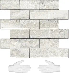 STICKGOO 10-Sheet Subway Tile Cream Peel and Stick Backsplash, Beige Stone Texture with Grey Grout Kitchen Backsplash Wall Tile, 3D Adhesive Stick on Tile for Bathroom, RV, Fireplace
