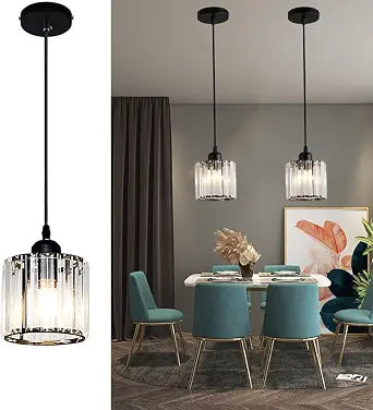 Crystal Pendant Lights Black 1 Light Cluster Ceiling,Modern Hanging Light Fixture for Kitchen Island,Adjustable Round Chandelier for Farmhouse,Dining Room,Foyer,Living Room with LED Bulb