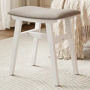 Solid Wood Small Vanity Stool Chair, Makeup Stools for Vanity Desk, Bathroom Vanity Chair, Padded Foot Stool for Living Room, Ottoman Foot Rest for Couch, Small Bench for Entryway, White