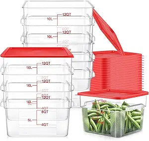 Ziliny 8 Sets Square Food Storage Containers with Lids Dough Proofing Bucket Commercial Polycarbonate Containers with Scale Clear Airtight Cereal for Pantry Home Restaurant (Red,12 Qt)