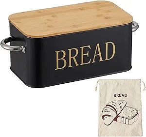 Metal Bread Box with Bamboo Cutting Board Lid, Storage Container for Kitchen Counter, Large Capacity Breadbox, Vintage Kitchen Decor (Black)