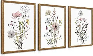 WRFON Framed Botanical Canvas Wall Art Set of 3, Watercolor Floral Prints, Framed Flower Wall Decor for Bedroom Bathroom Living Room, 12x16 Inch Each